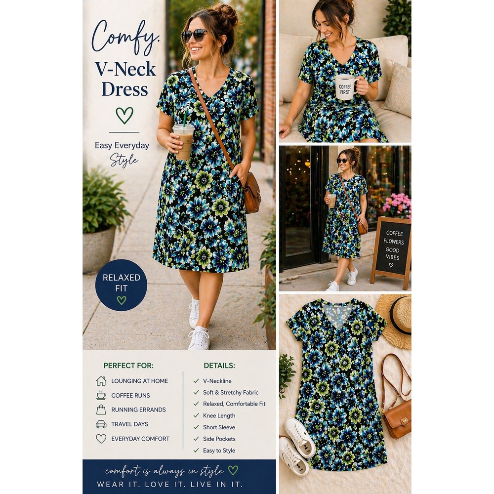 Floral V-Neck Mini Dress Blue Green Black Short Sleeve‎ Womens XL cottagecore